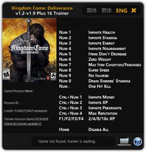 Kingdom Come: Deliverance Trainer for PC game version v1.9