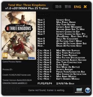 Total War: THREE KINGDOMS Trainer for PC game version  v04.06.2019