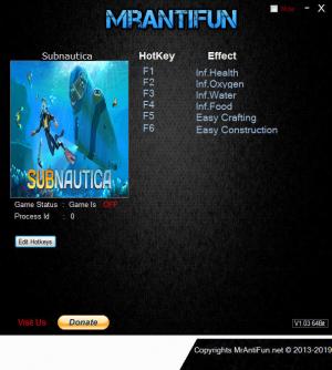Subnautica Trainer for PC game version Build Sep-2018 61056 64-bit
