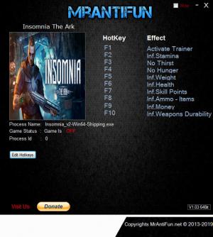 Insomnia: The Ark Trainer for PC game version v04.07.2019