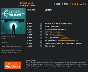 Crying Suns Trainer for PC game version v1.0 64 Bit
