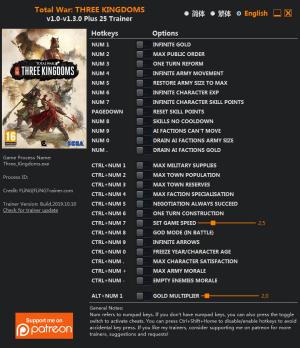 Total War: THREE KINGDOMS Trainer for PC game version  v1.3.0