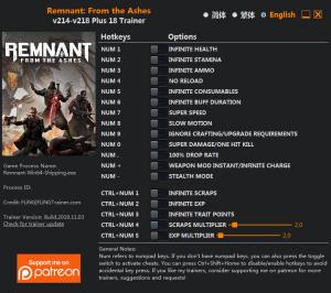 Remnant: From the Ashes  Trainer for PC game version v218