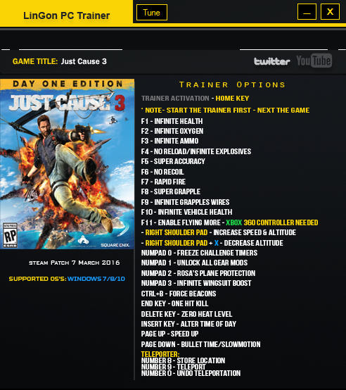 Just Cause 3 Trainer +23 v1.021 Sky Fortress DLC LinGon - download cheats, codes, trainers