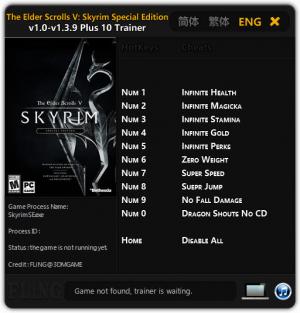 The Elder Scrolls 5: Skyrim Special Edition Trainer for PC game version 1.0 - 1.3.9