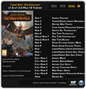 Total War: Warhammer Trainer for PC game version 1.0 - 1.5.0