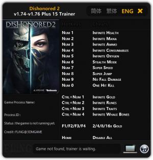 Dishonored 2 Trainer for PC game version 1.74 - 1.76