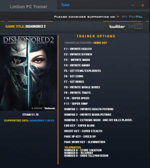 Dishonored 2 Trainer for PC game version 1.76