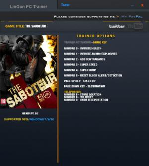 The Saboteur Trainer for PC game version 1.02