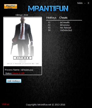 Hitman 2016 Trainer for PC game version 1.8.0B