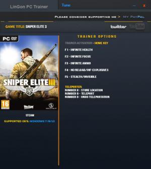 Sniper Elite 3 Trainer for PC game version 1.15a Updated 16 Jan 2017