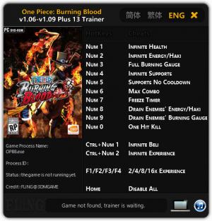 One Piece: Burning Blood Trainer for PC game version 1.06 - 1.09
