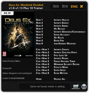 Deus Ex: Mankind Divided Trainer for PC game version 1.0 - 1.13