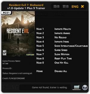 Resident Evil 7: Biohazard Trainer for PC game version 1.00 Update 1 30.01.2017