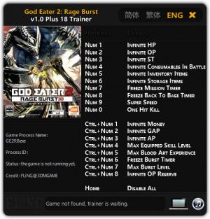 God Eater 2: Rage Burst Trainer for PC game version 1.0