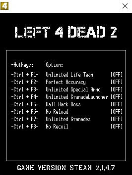 Left 4 Dead 2 Trainer for PC game version 2.1.4.7