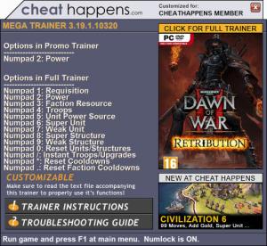 Warhammer 40.000: Dawn of War 2 - Retribution Trainer for PC game version 3.19.1.10320