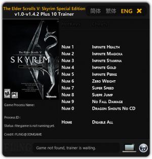 The Elder Scrolls 5: Skyrim Special Edition Trainer for PC game version 1.0 - 1.4.2