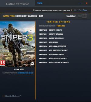 Sniper: Ghost Warrior 3 Trainer for PC game version Beta