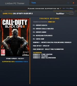 Call of Duty: Black Ops 3 Trainer for PC game version Update 29  (9 Feb 2017)