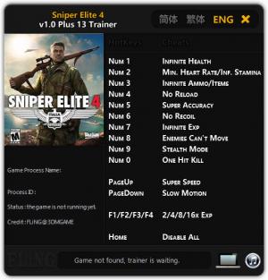 Sniper Elite 4 Trainer for PC game version 1.0