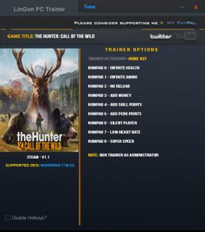 theHunter: Call of the Wild Trainer for PC game version 1.01 Updated 22 Feb 201