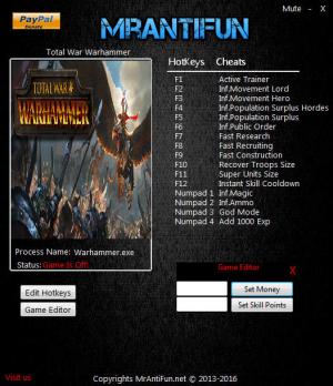 Total War: Warhammer Trainer for PC game version 1.6.0 Build 13306