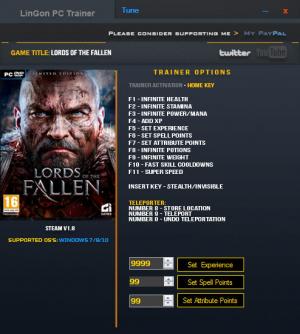 Lords of the Fallen Trainer for PC game version 1.8.0