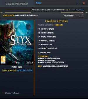 Styx: Shards of Darkness Trainer for PC game version 1.02 64bit