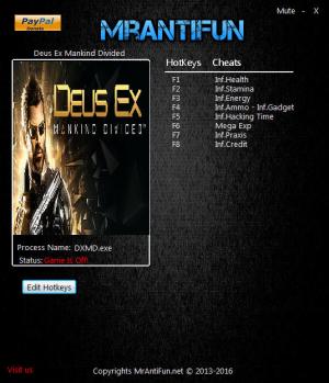 Deus Ex: Mankind Divided Trainer for PC game version 1.17 Build 795.0
