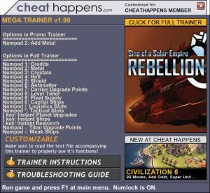 Sins of a Solar Empire: Rebellion Trainer for PC game version 1.90