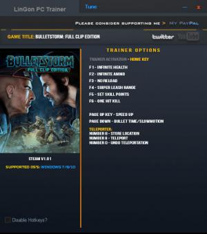 Bulletstorm: Full Clip Edition Trainer for PC game version 1.01