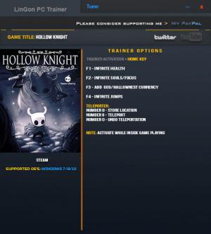 Hollow Knight Trainer for PC game version 1.0.2.8