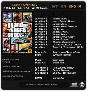 Grand Theft Auto 5 Trainer for PC game version 1.0.323.1 - 1.0.757.2