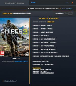 Sniper: Ghost Warrior 3 Trainer for PC game version 1.0