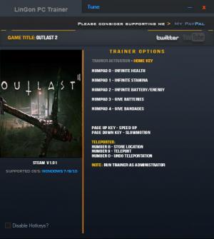 Outlast 2 Trainer for PC game version 1.01 64bit