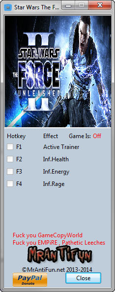 Star Wars: The Force Unleashed 2 Trainer for PC game version 1.1.0.0