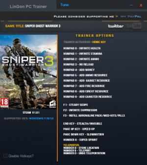 Sniper: Ghost Warrior 3 Trainer for PC game version 1.01.0 64bit