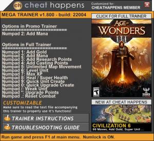 Age of Wonders 3 Trainer for PC game version 1.800 Build 22004