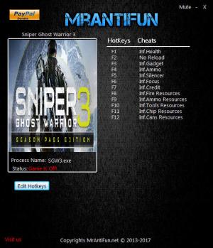 Sniper: Ghost Warrior 3 Trainer for PC game version 1.01