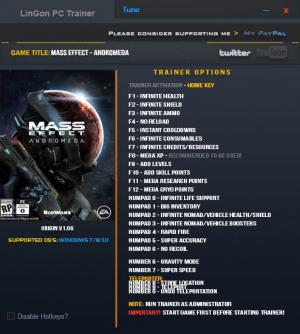 Mass Effect: Andromeda Trainer for PC game version 1.06