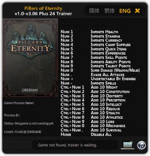 Pillars of Eternity Trainer for PC game version 1.0 - 3.06