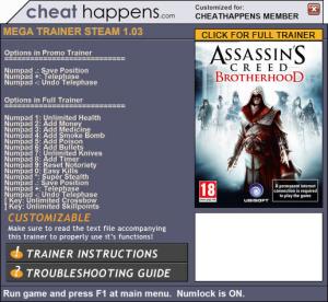 Assassin's Creed: Brotherhood Trainer for PC game version 1.03 Update 06.19.2017