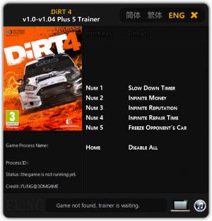 DiRT 4 Trainer for PC game version 1.0 - 1.04