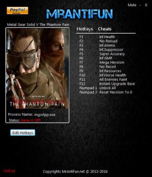 Metal Gear Solid 5: The Phantom Pain Trainer for PC game version v1.10