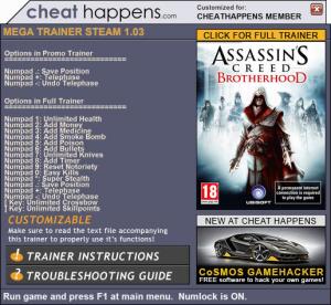 Assassin's Creed: Brotherhood Trainer for PC game version 1.03 Update 07.03.2017