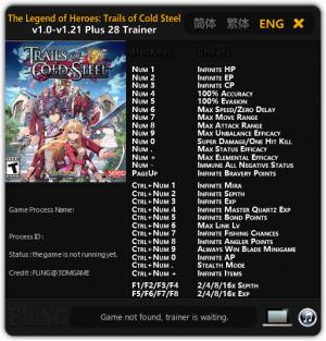 The Legend of Heroes: Trails of Cold Steel Trainer for PC game version 1.0 - 1.21