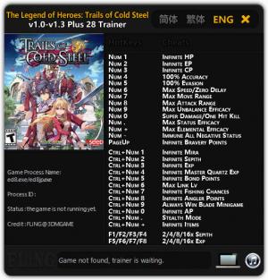 The Legend of Heroes: Trails of Cold Steel Trainer for PC game version v1.0 - 1.3