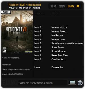 Resident Evil 7: Biohazard Trainer for PC game version v1.0 - 1.03