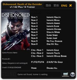 Dishonored: Death of the Outsider Trainer for PC game version 1.142